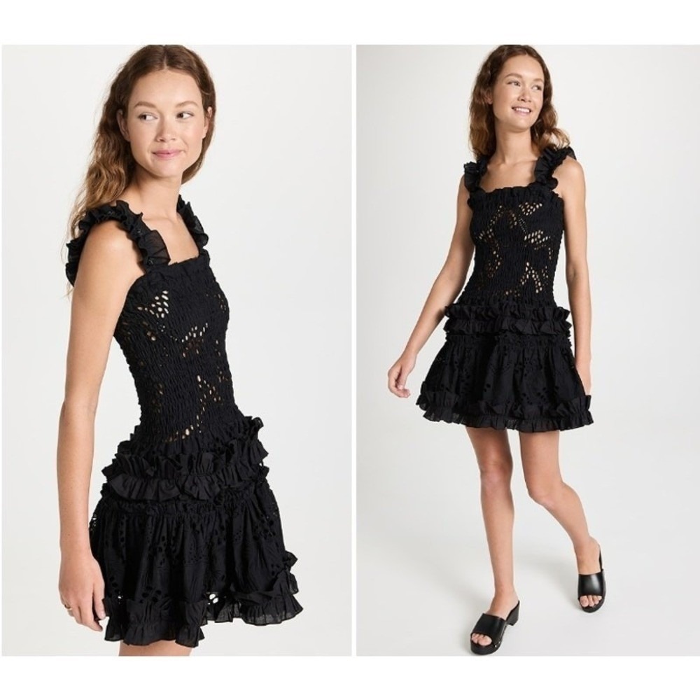 Waimari Alfresco Black Cotton Eyelet Lace Ruffle Mini Dress Square Neck Small S